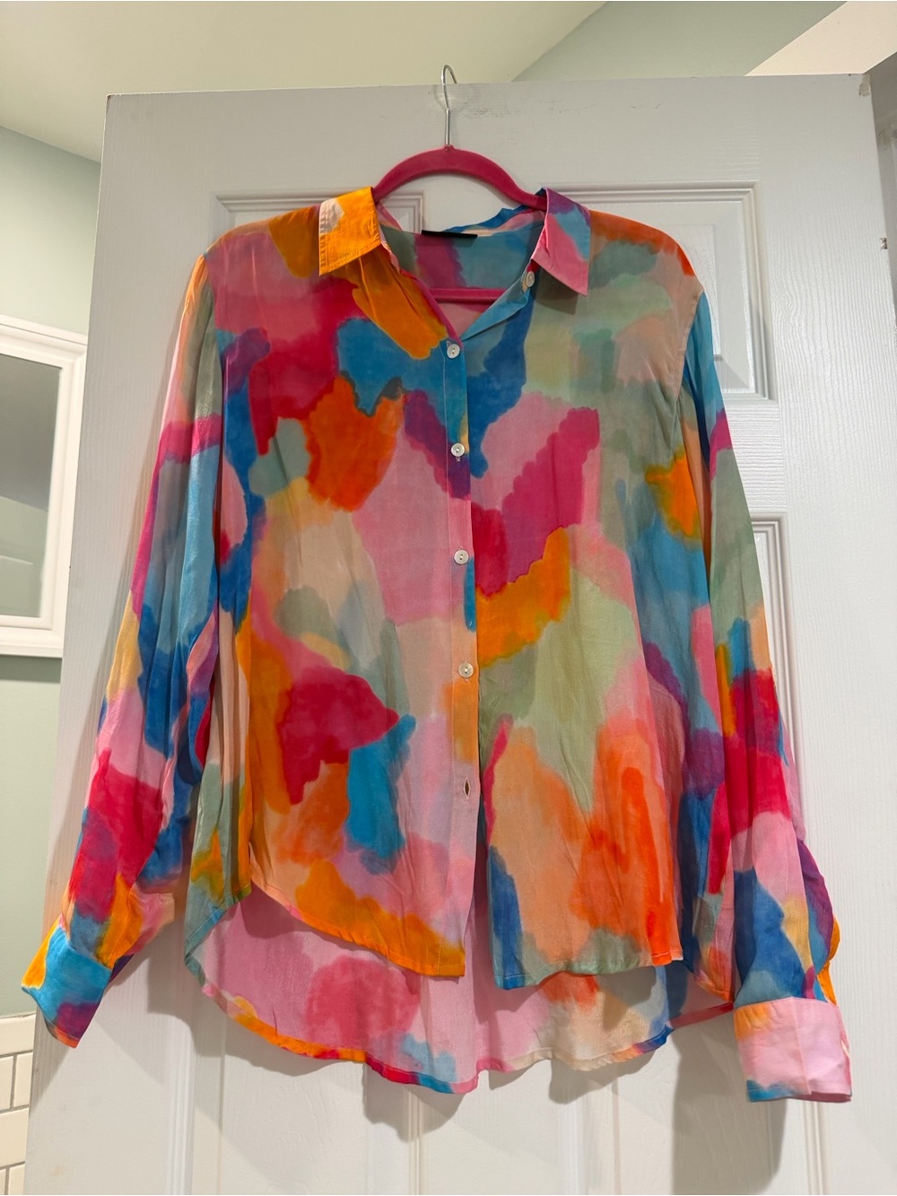 Colorful Watercolor-Print Button Down Shirt - Orange Multi